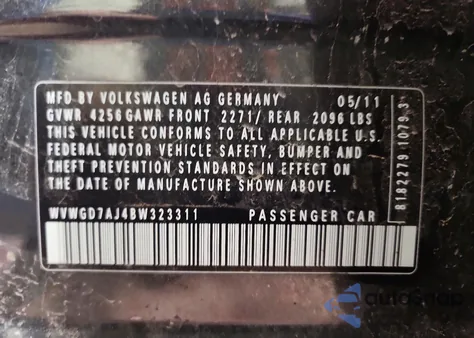 2011 Volkswagen Gti из США, поврежденный, VIN WVWGD7AJ4BW323311